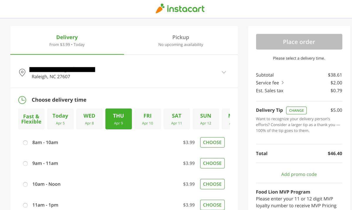 InstaCart delivers groceries from a large number of stores in the Raleigh area, including from Food Lion, Lowes Foods, Wegmans, Fresh Market, Publix, Costco and Aldi. After selecting the items you want, you will be given a choice of available delivery times.