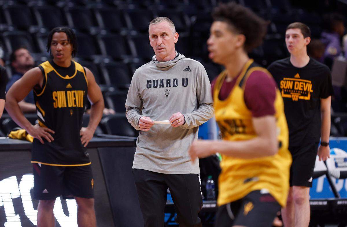 Arizona State coach Bobby Hurley watches his team practice at Ball Arena in Denver, Colo., Thursday, March 16, 2023.
