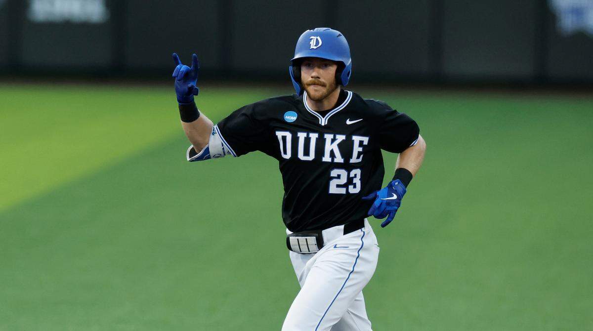 Duke’s Jake Berger (23) celebrates hitting a home run in the fourth inning during Duke’s game against Murray State in the third game of the Durham Super Regional at Jack Coombs Field in Durham, N.C., Monday, June 9, 2025.