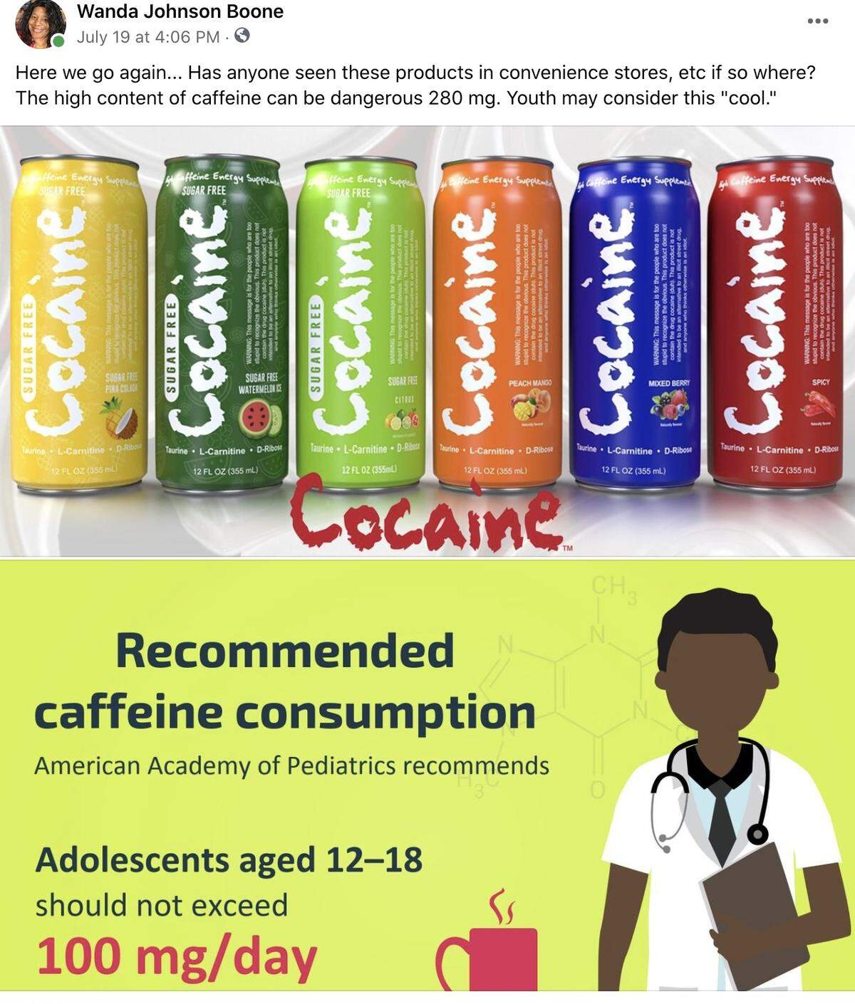 Wanda Boone alerted the community about Cocaine Energy on Facebook and asked members of her coalition​ if they’ve seen it in any convenience stores.
