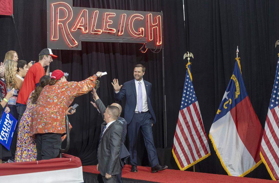 Republican Vice Presidential candidate Senator J.D. Vance arrives for a campaign stop at Union Station on Wednesday, September 18, 2024 in Raleigh, N.C.
