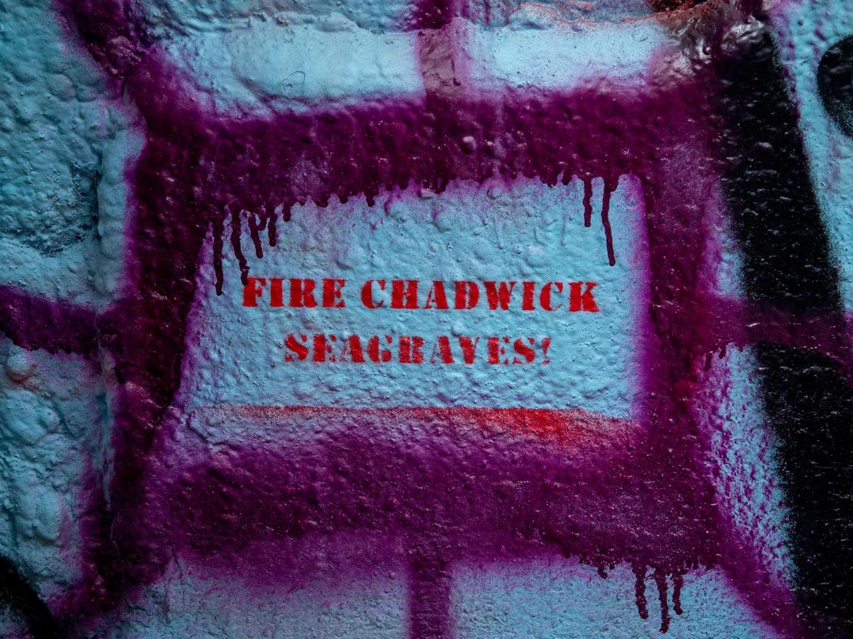 The Free Expression Tunnel at N.C. State features a message in protest of Chadwick Seagraves, a university employee accused of Proud Boys membership and online harassment, on Tuesday, Jan. 19, 2021, in Raleigh, N.C.