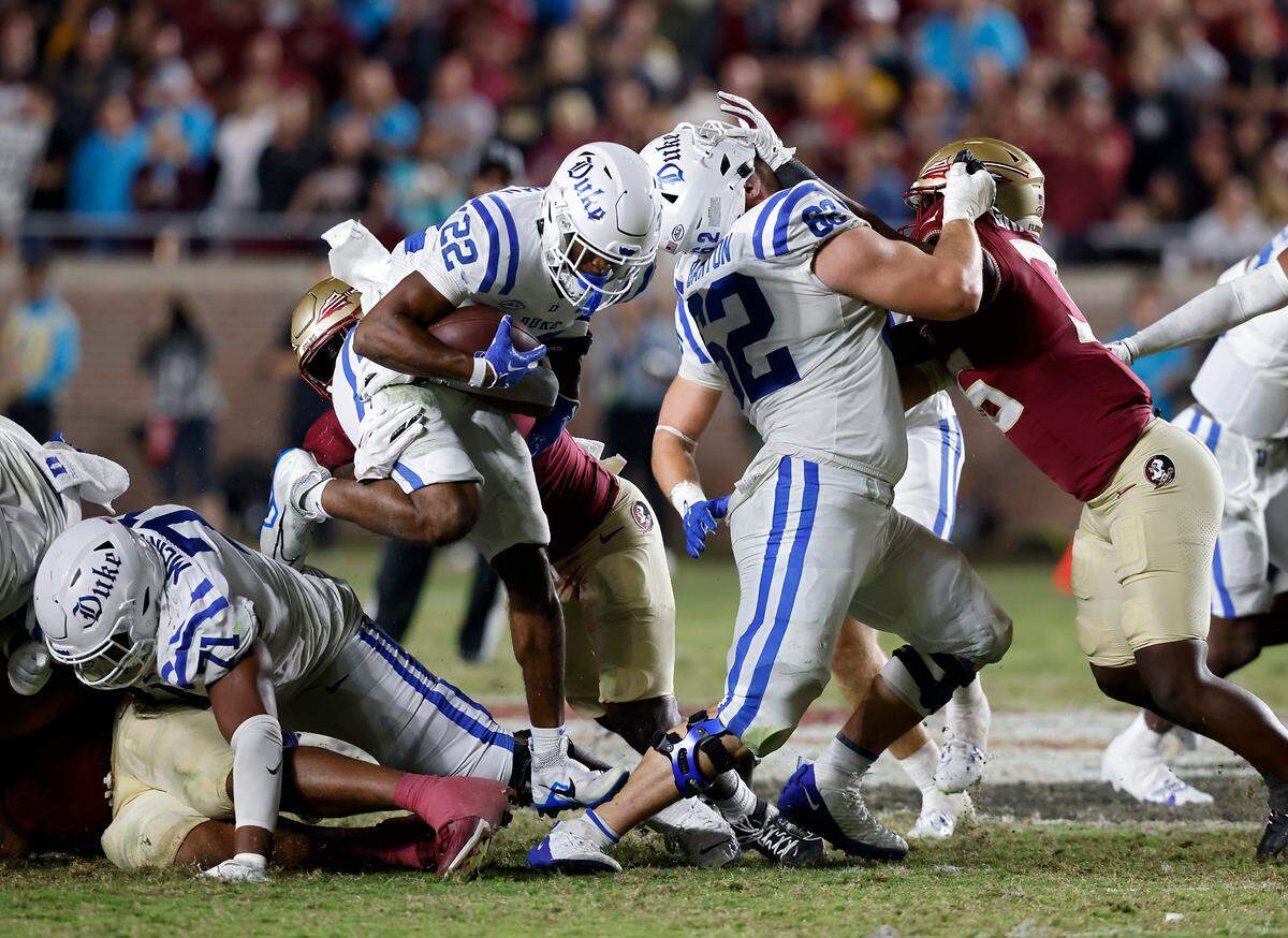 Duke’s Jaylen Coleman (22) runs the ball during the second half of the Blue Devils’ 38-20 loss to Florida State on Saturday, Oct. 21, 2023, in Tallahassee, Fla.