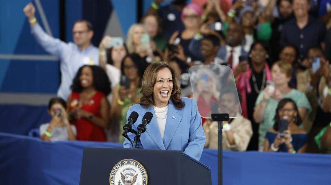 Vice President Kamala Harris takes the stage in Raleigh, N.C. to deliver a major economic policy speech, Friday, August 16, 2024.