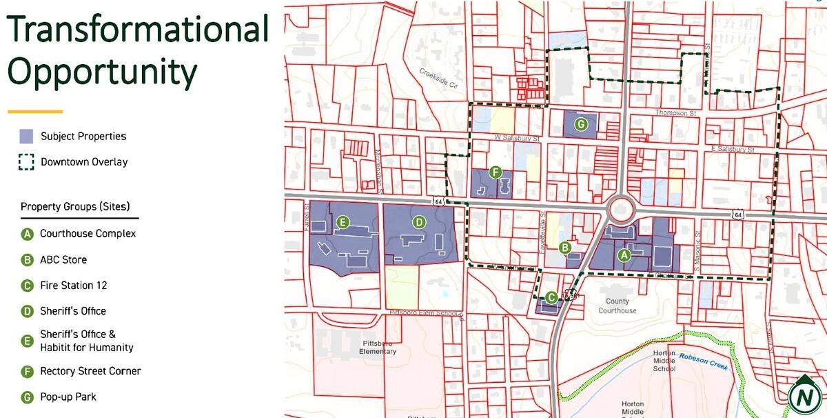 A map of Pittsboro shows the location of several county-owned parcels (in gray) that could be redeveloped to support more homes, civic spaces and businesses.