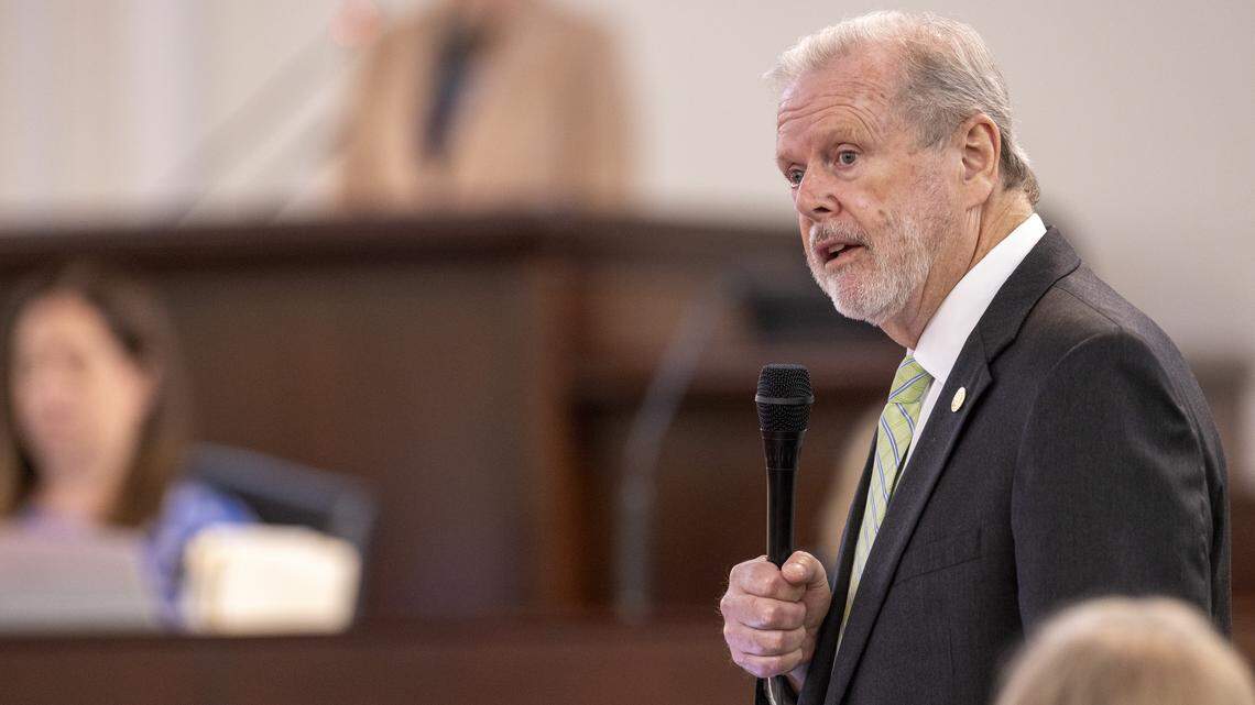 Senate leader Phil Berger answers a question from a Senate colleague as amendments to a budget bill are introduced Tuesday, July 29, 2025, in the Senate chamber at the General Assembly. 