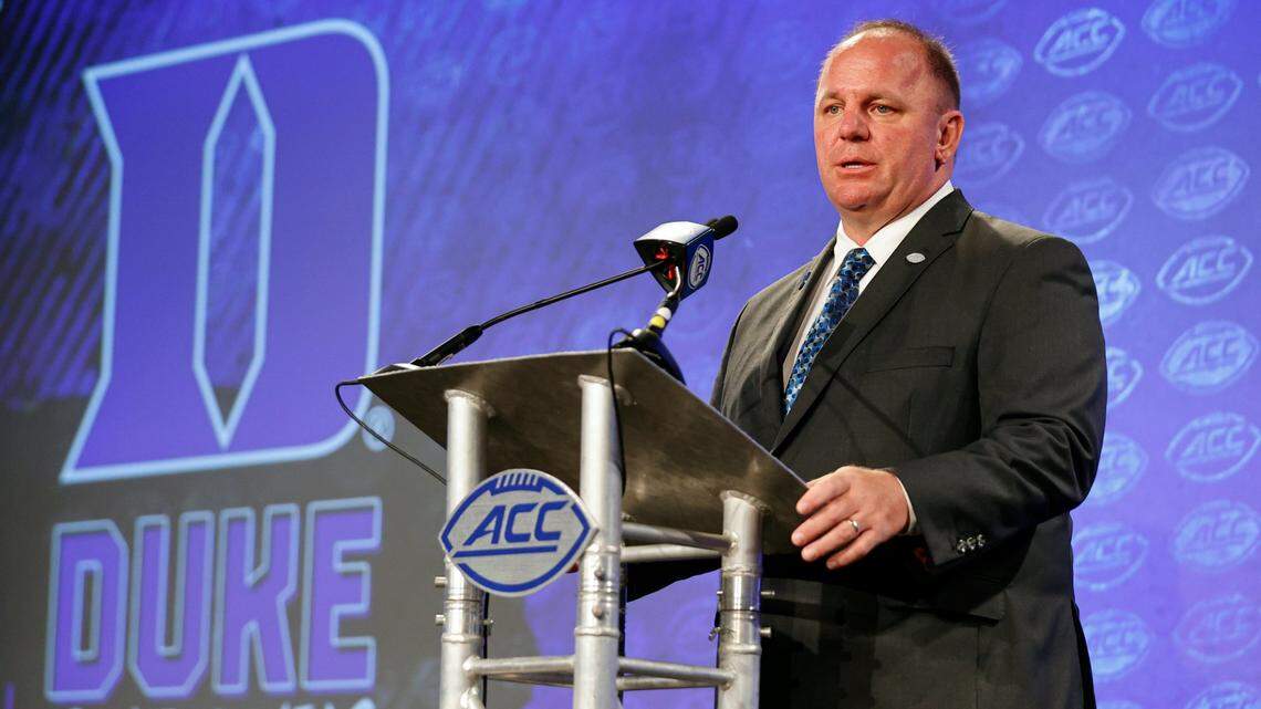 Duke head coach Mike Elko answers a question at the NCAA college football Atlantic Coast Conference Media Days in Charlotte, N.C., Thursday, July 21, 2022. (AP Photo/Nell Redmond)