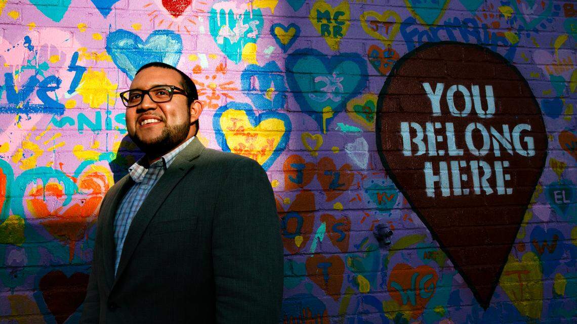 Ricky Hurtado, a Democratic candidate for the North Carolina state House, poses for a portrait by a mural in Graham, N.C., Tuesday, March 10, 2020. He would go on to win the election.