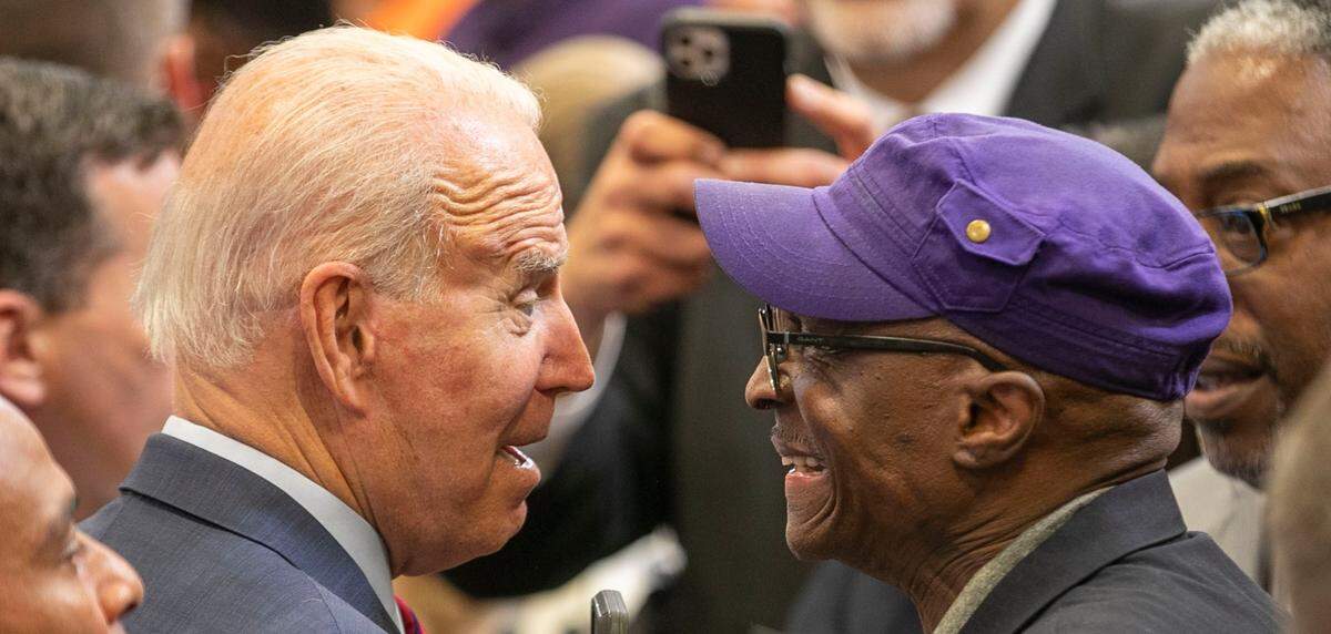 President Joe Biden greets Dr. T. Anthony Spearman, NC NAACP president, after making remarks at Green Road Community Center on Thursday, June 24, 2021 in Raleigh, N.C.