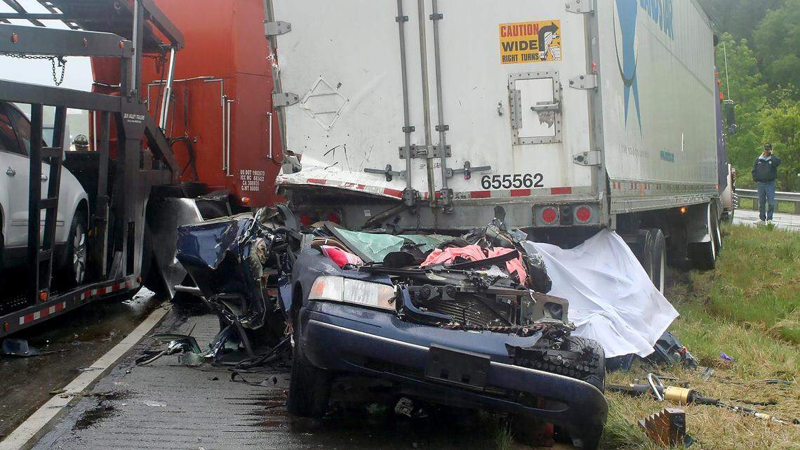 Marianne Karth’s Crown Victoria after the collision spun the car around so that it slid backwards under another truck’s trailer, which smashed through the rear window into the back seat. Karth’s two daughters, AnnaLeah and Mary, died as a result of the crash.