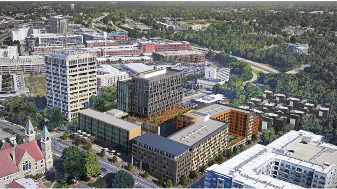 This illustration shows the proposed redevelopment of 505 W. Chapel Hill St in downtown Durham. The historic NC Mutual building is to the left.