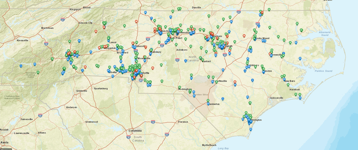 A map of Brownfields sites in North Carolina, from the N.C. Department of Environmental Quality