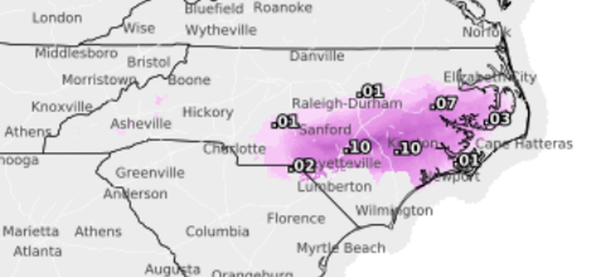 The shaded area is where the heaviest ice accumulation is expected from a winter storm expected to hit North Carolina on Wednesday, Feb. 19. Ice can cause power outages by bringing down power lines or causing tree limbs to fall onto lines.