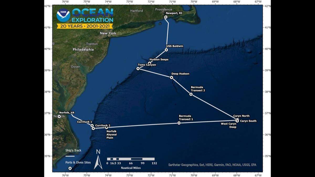 This shows the area being visited by NOAA Ocean Exploration’s 2021 ROV Shakedown expedition.