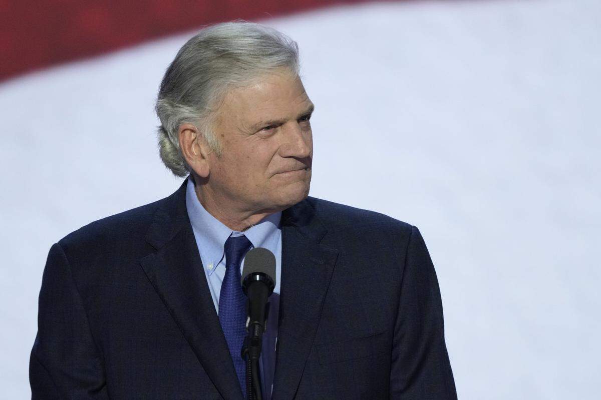 July 18, 2024; Milwaukee, WI, USA; Franklin Graham, President and CEO of the Billy Graham Evangelistic Association, speaks during the final day of the Republican National Convention at the Fiserv Forum. The final day of the RNC featured a keynote address by Republican presidential nominee Donald Trump. Mandatory Credit: Jasper Colt-USA TODAY