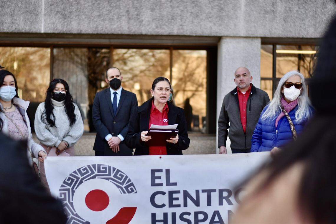 Pilar Rocha-Goldberg, president and CEO of El Centro Hispano, speaking in front of the Terry Sanford Federal Building in downtown Raleigh during a protest on “A Day Without Immigrants,” on Feb. 14, 2022.
