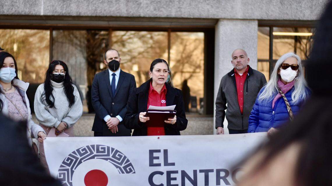 Pilar Rocha-Goldberg, president and CEO of El Centro Hispano, speaking in front of the Terry Sanford Federal Building in downtown Raleigh during a protest on “A Day Without Immigrants,” on Feb. 14, 2022.