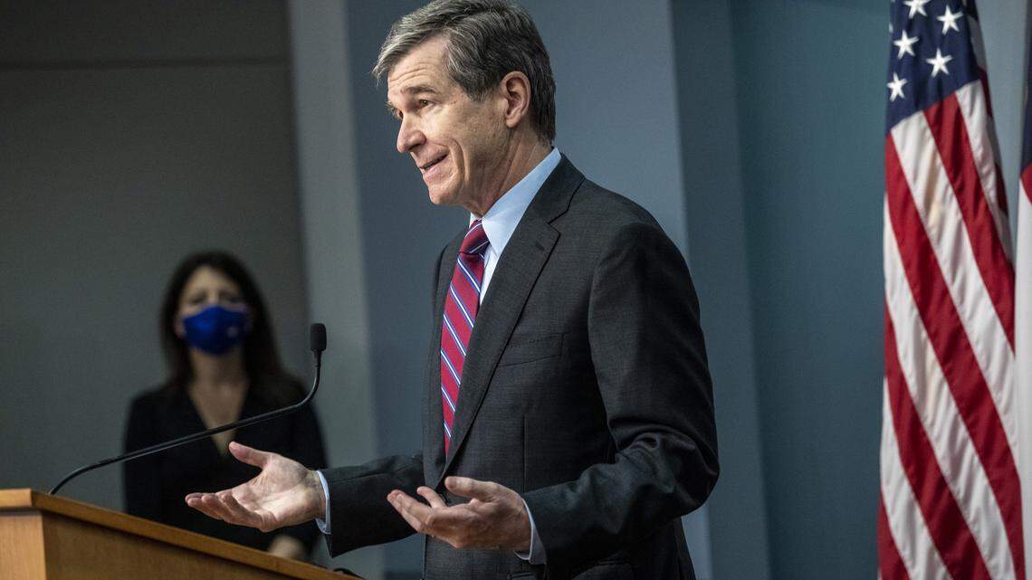 Gov. Roy Cooper speaks during a briefing on North Carolina’s coronavirus pandemic response Wednesday, Jan. 27, 2021 at the NC Emergency Operations Center in Raleigh.