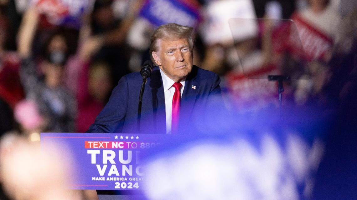 Former President Donald Trump speaks during a rally at Minges Coliseum in Greenville on Monday, Oct. 21, 2024. With two weeks until Election Day, Trump went on a three-city tour, in which Trump will also see the destruction caused by Hurricane Helene in Asheville and speak at a faith conference in Concord.