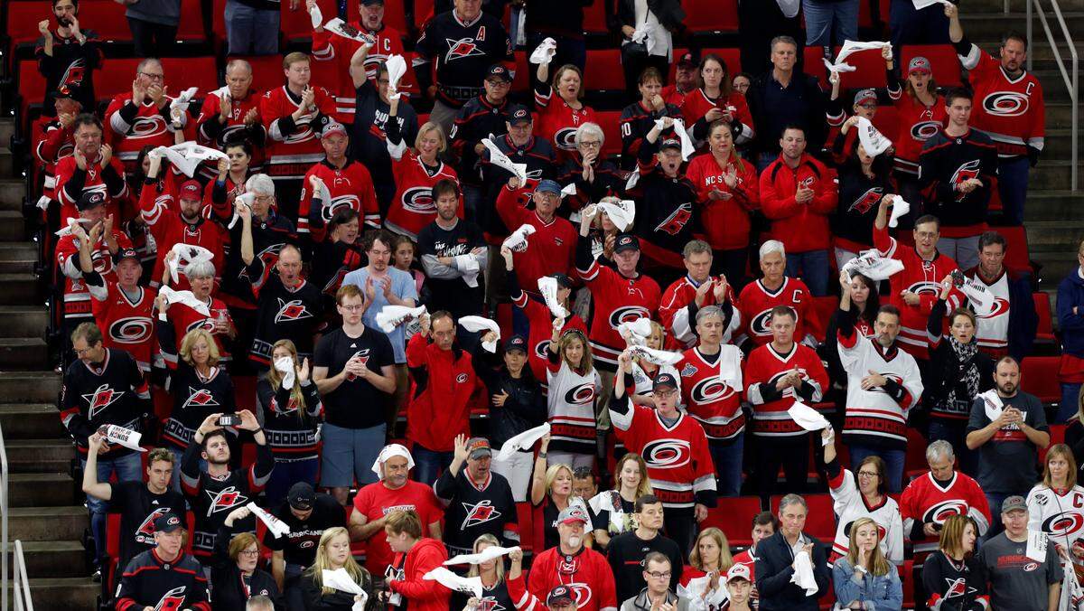 Canes fans give the team a standing ovation as time runs out in the third period of the Boston Bruins’ 4-0 victory over the Carolina Hurricanes in game four of the Eastern Conference finals at PNC Arena in Raleigh, N.C. Thursday, May 16, 2019.