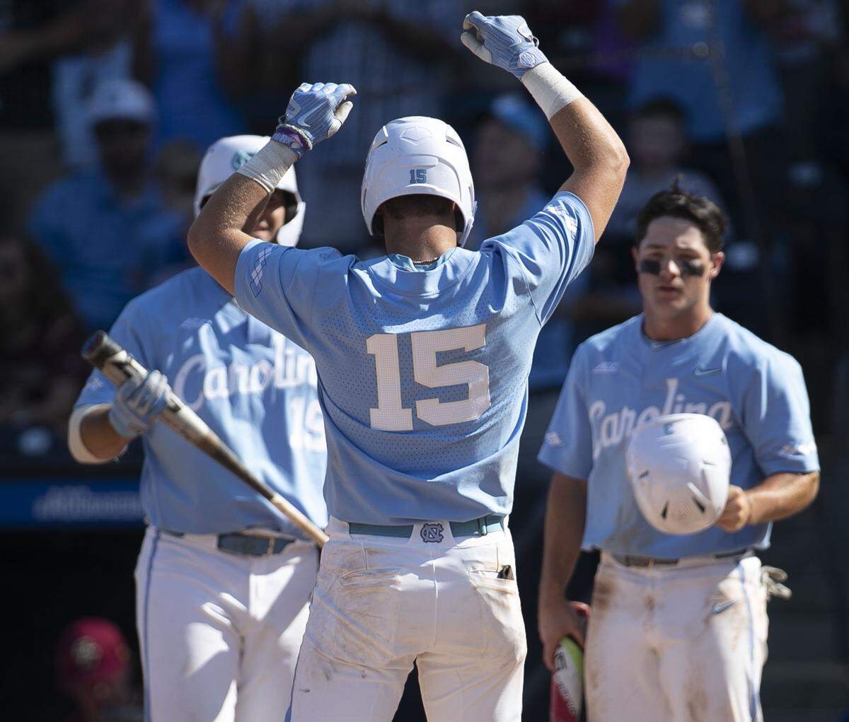 North Carolina’s Michael Busch (15) heads to home after a two RBI home run in the bottom of the eighth inning to give the Tar Heels a 13-5 lead over Boston College in the semi-finals of the ACC Baseball Championship on Saturday, May 25 2019 at Durham Bulls Athletic Park in Durham, N.C.
