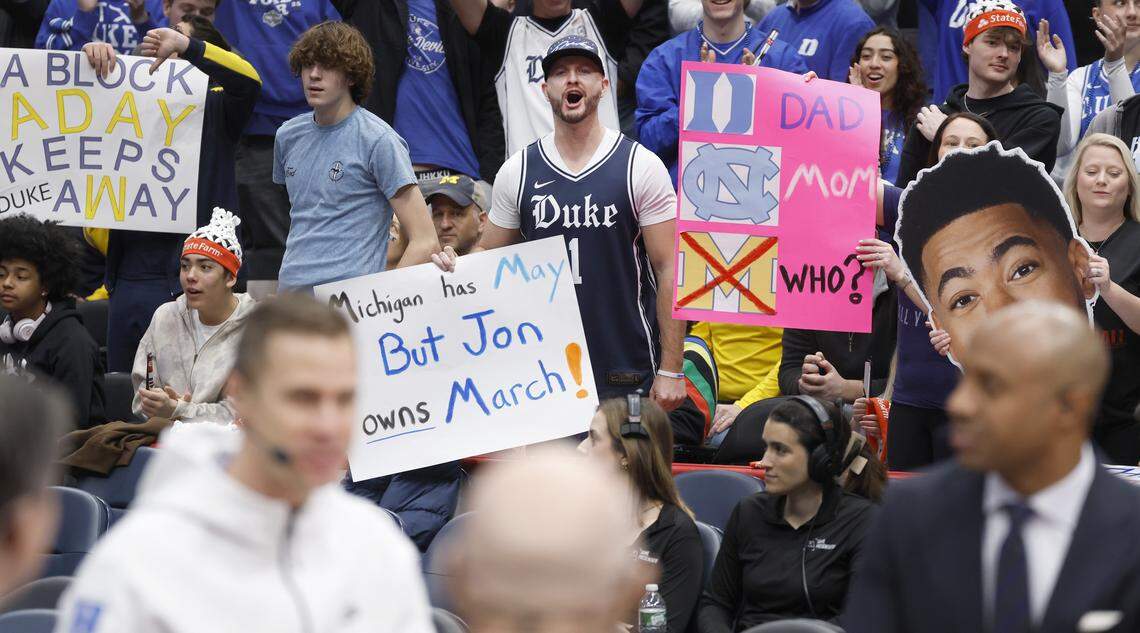 Fans cheer on Duke head coach Jon Scheyer as he is interviewed during Duke basketball’s open practice on ESPN’s College GameDay at Capital One Arena in Washington, D.C., Saturday, Feb. 21, 2026.