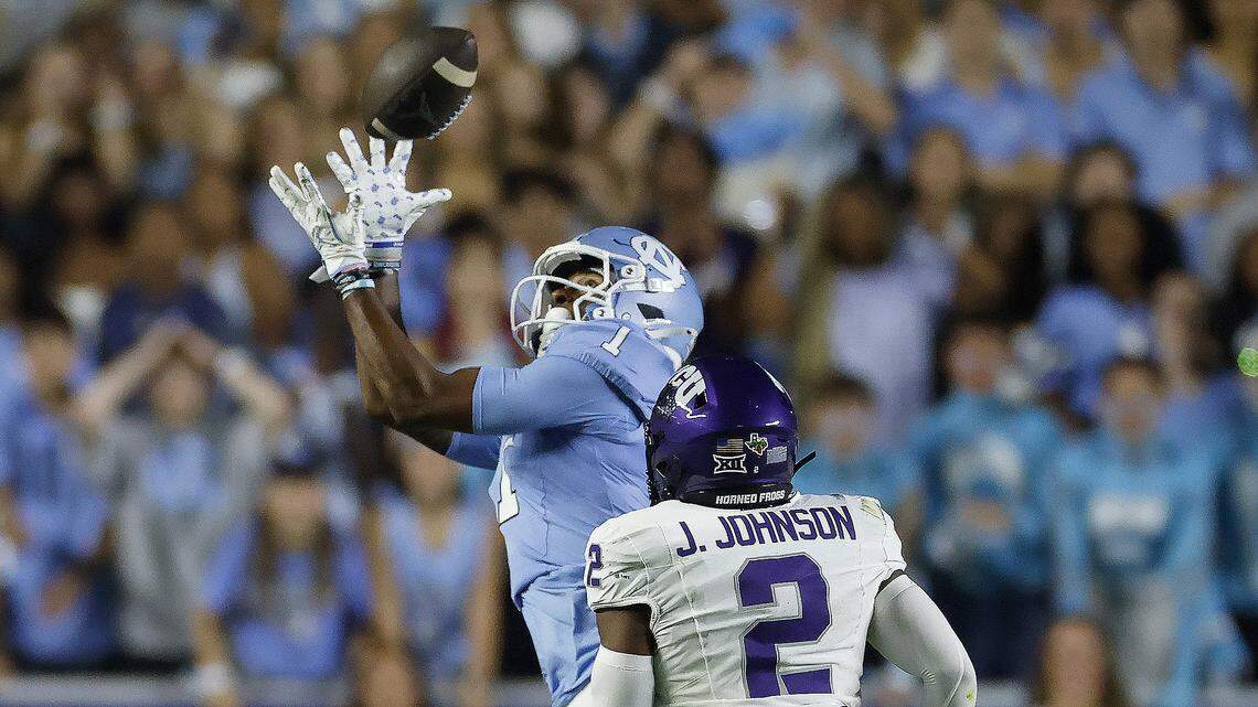 North Carolina wide receiver Jordan Shipp (1) makes the reception in front of TCU safety Jamel Johnson (2) during the first half of UNC’s game against TCU at Kenan Stadium in Chapel Hill, N.C., Monday, Sept. 1, 2025.