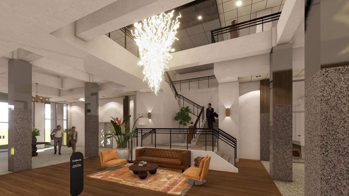 A rendering of the redesigned main lobby at Durhamite SouthCourt, a 140,000-square-foot office building in Durham’s University Hill neighborhood.
