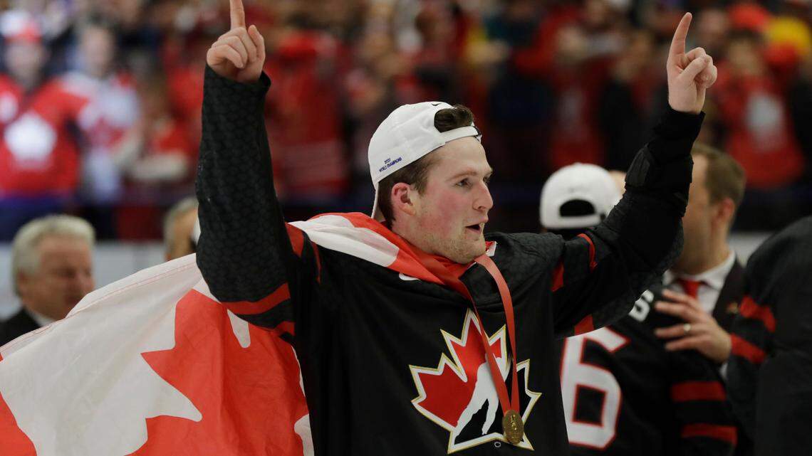 Canada’s Alexis Lafreniere celebrates after winning the U20 Ice Hockey Worlds gold medal match between Canada and Russia in Ostrava, Czech Republic, Sunday, Jan. 5, 2020. (AP Photo/Petr David Josek)