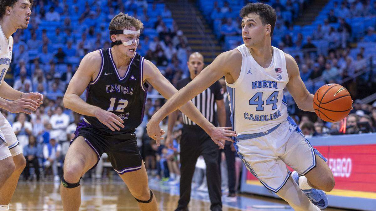 North Carolina guard Luka Bogavac (44) runs the offense in the first half against Central Arkansas on Monday, November 3, 2025 at the Smith Center in Chapel Hill, N.C.  Bogavac scored 10 points and had five assists in his first game with North Carolin