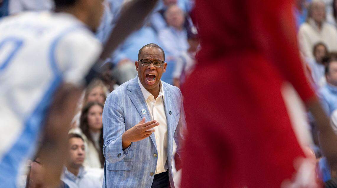 North Carolina coach Hubert Davis yells at his players on offense in the second half against Alabama on Wednesday, December 4, 2024 at the Smith Center in Chapel Hill, N.C.