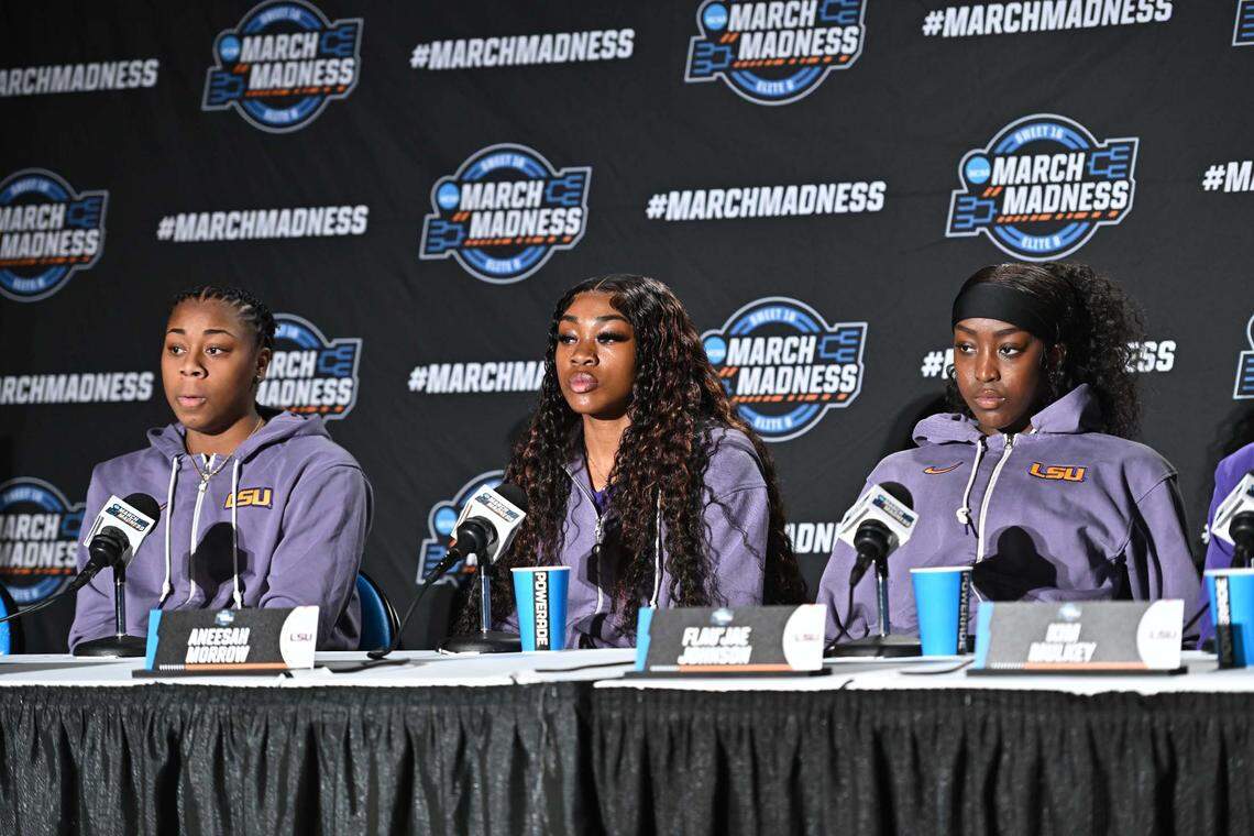 LSU Lady Tigers guard Mikaylah Williams, LSU Lady Tigers forward Aneesah Morrow and LSU Lady Tigers guard Flau’Jae Johnson talk with the media during an NCAA Tournament practice session at Spokane Arena.