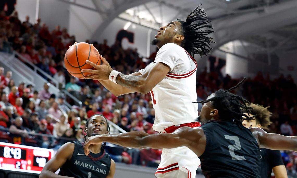 N.C. State’s Jayden Taylor (1) heads to the basket after being fouled during the second half of N.C. State’s 93-61 victory over Maryland Eastern Shore at Reynolds Coliseum in Raleigh, N.C., Wednesday, Dec. 6, 2023.