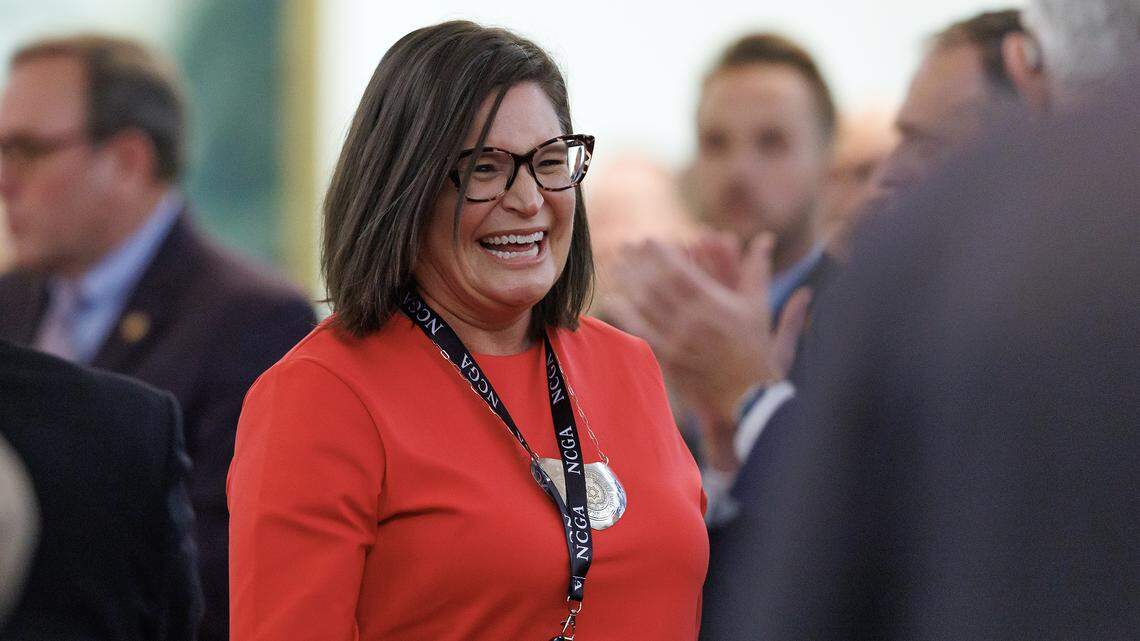 Republican Rep. Anna Ferguson smiles as she is recognized at the start of the House session on Tuesday, April 21, 2026, at the Legislative Building in Raleigh, N.C.