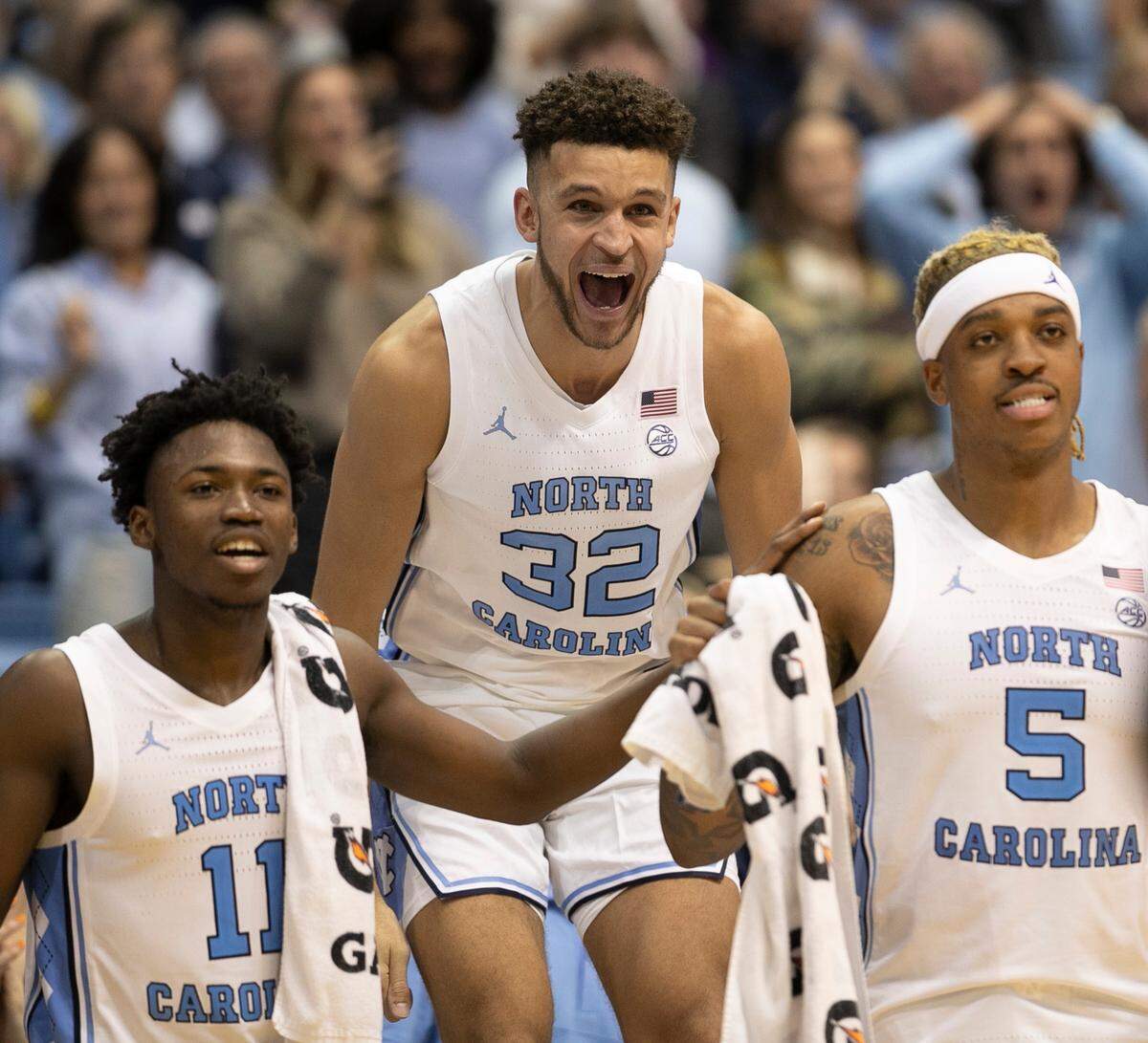North Carolina’s Pete Nance (32) reacts as reserve players try to break the century mark in the final minute of play against Johnson C. Smith on Friday, October 28, 2022 at the Smith Center in Chapel Hill, N.C.