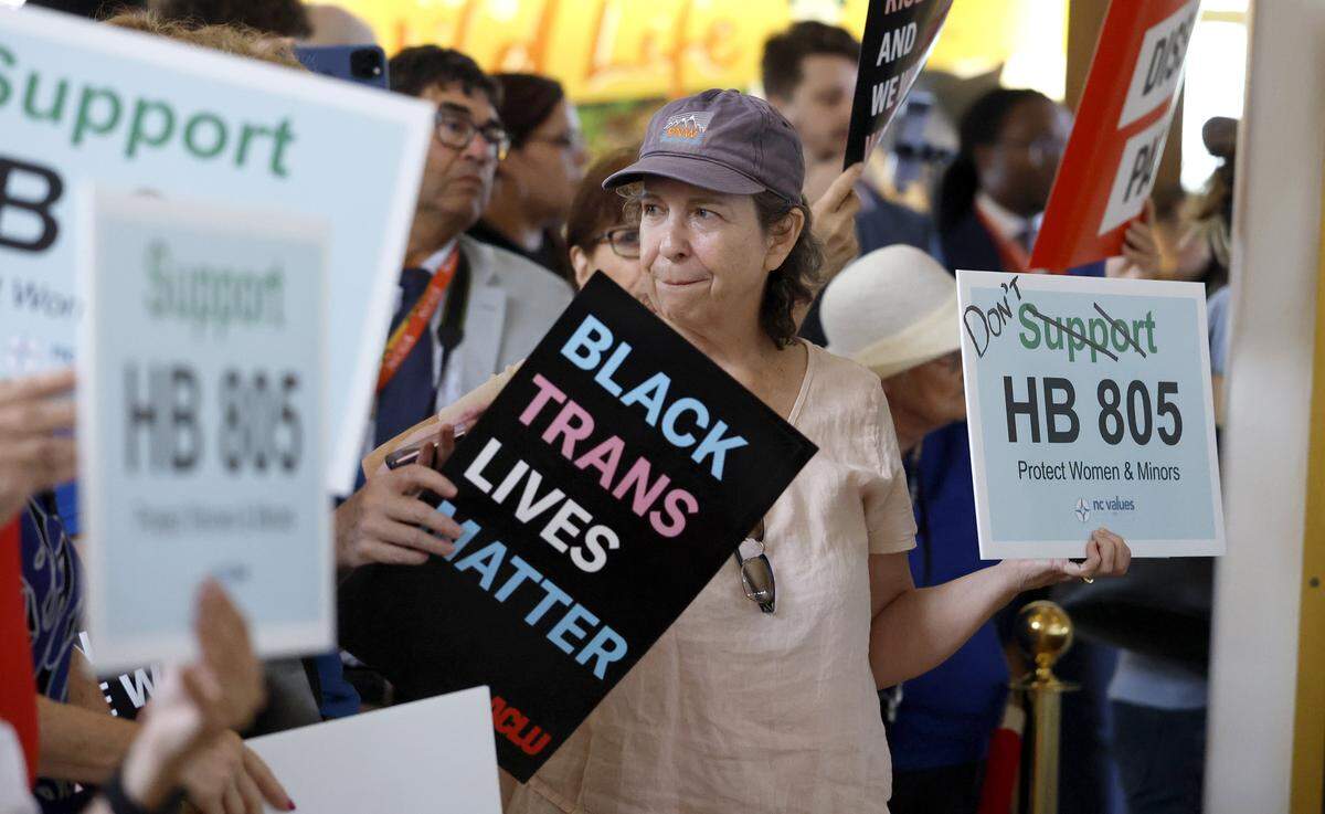 Protestors react after the House voted to override the governor’s veto of HB 805 during the N.C. House session at the Legislative Building in Raleigh, N.C., Tuesday, July 29, 2025.