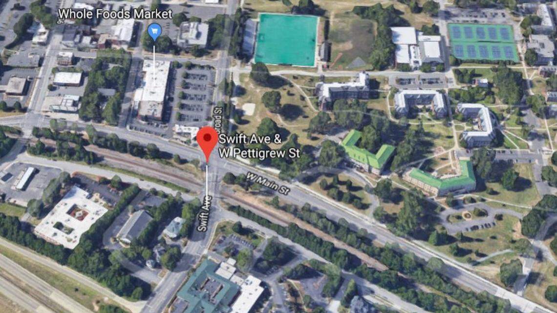 A pedestrian died Thursday morning, Nov. 15, 2018, after being hit by a train near the Swift Avenue crossing west of downtown Durham, North Carolina, police said.