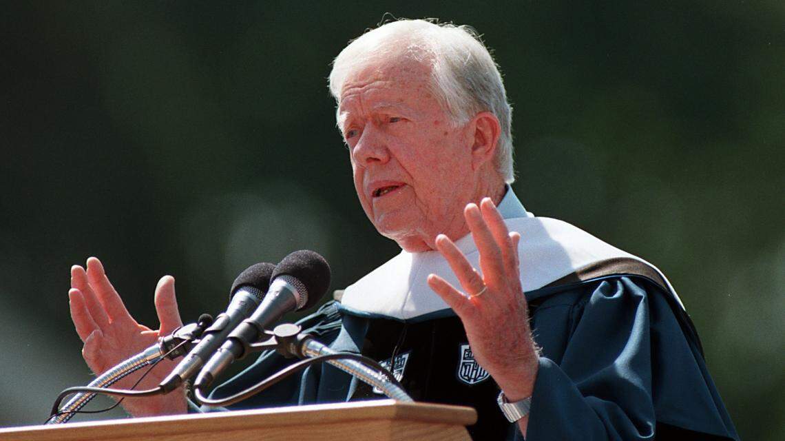 Jimmy Carter at speaks at commencement exercises at Duke University in 1997.