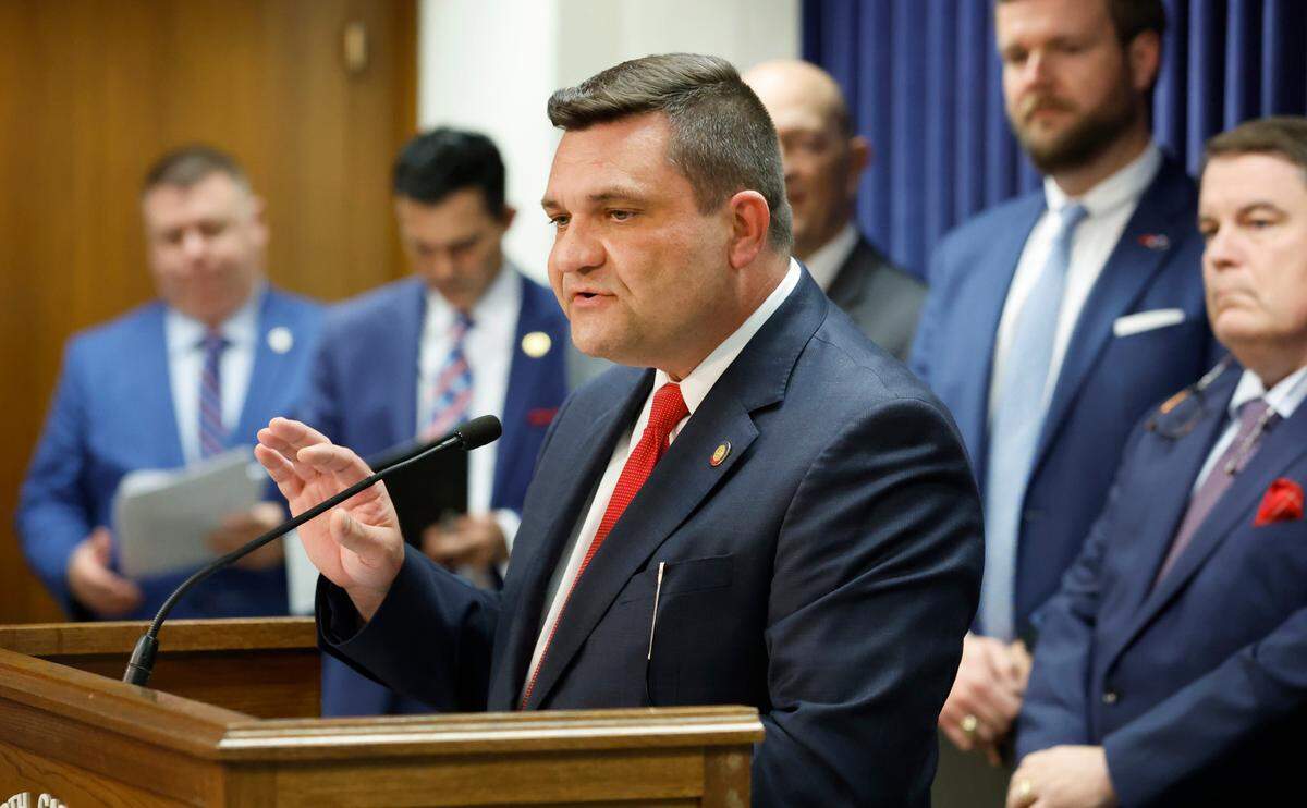 Rep. Jeffrey Elmore speaks during a press conference Wednesday, March 29, 2023, where House Speaker Tim Moore and the House Republican budget chairs talked about their state budget proposal.