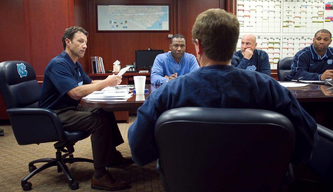 UNC football coach Larry Fedora meets with his coaching staff on Tuesday January 10, 2012 at Kenan Stadium in Chapel Hill, N.C. One of the top priorities addressed was recruiting in North Carolina. 