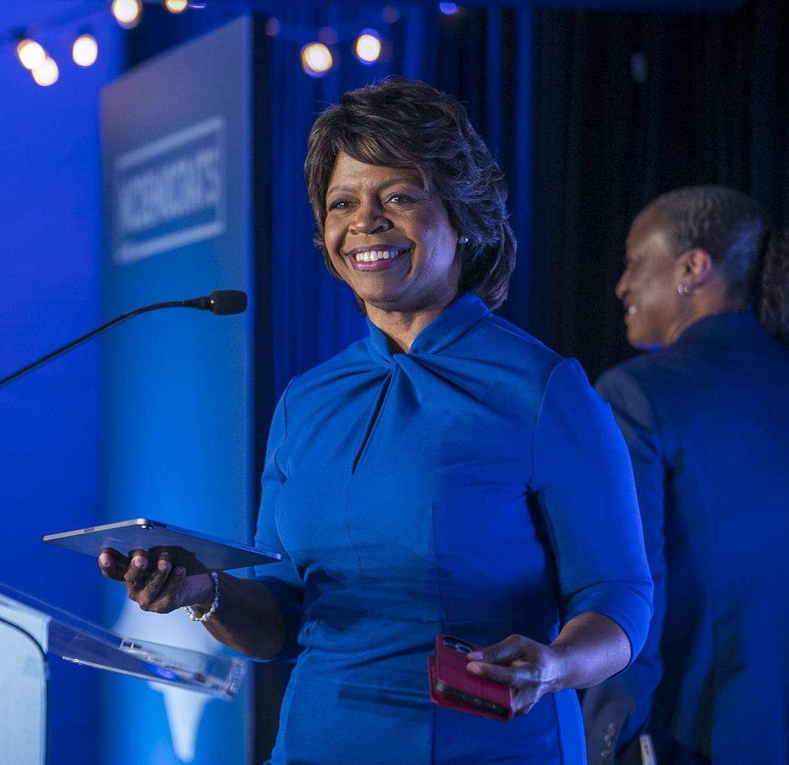 Democratic U.S. Senate candidate Cheri Beasley arrives to deliver her primary victory acceptance speech on Tuesday, May 17, 2022 in Raleigh, N.C.