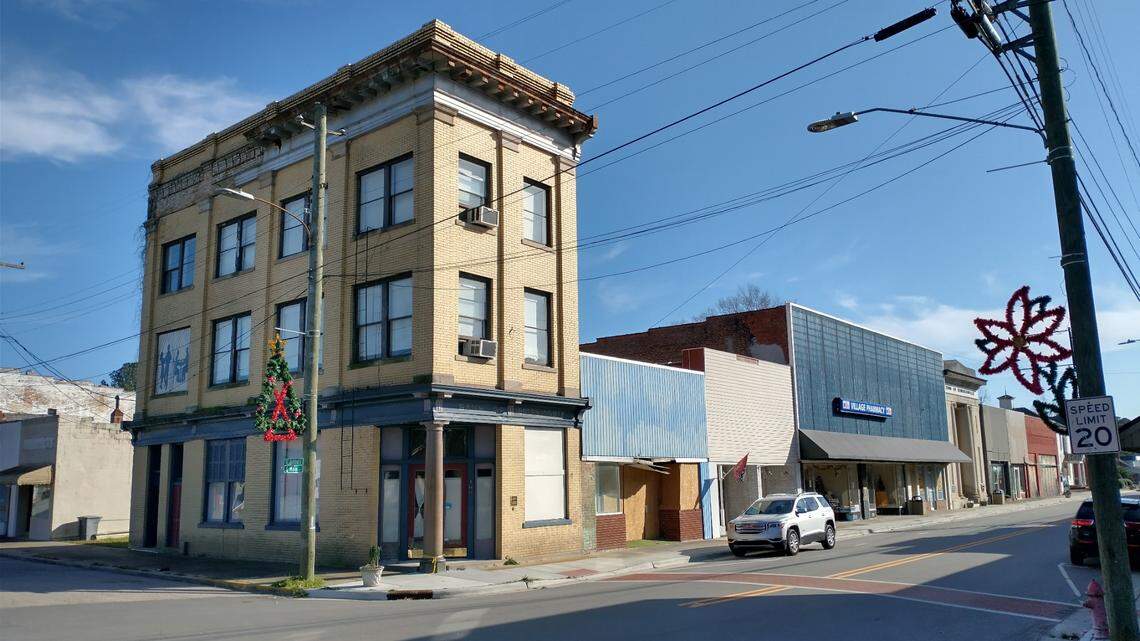 The town of Robersonville’s historic downtown is mostly empty of businesses, and many of the buildings have collapsed roofs or other damage.