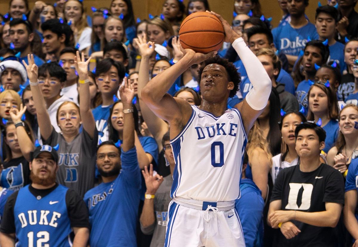 Duke’s Wendell Moore Jr. (0) launches a three-point shot during the Blue Devils’ scrimmage at the annual Countdown to Craziness on Friday, October 18, 2019 at Cameron Indoor Stadium in Durham, N.C.