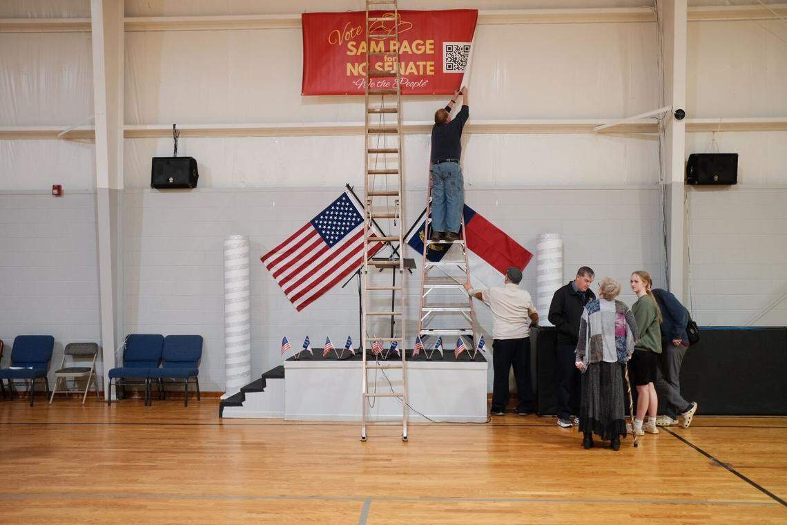 Volunteers set up at Rockingham County Sheriff Sam Page’s election watch party at Oak Level Baptist Church in Stokesdale, on March 3, 2026.