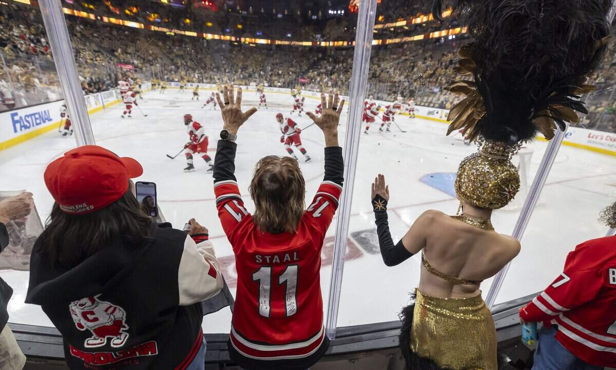 Carolina Hurricanes fan Donna Vanderford of Elon, N.C. watches the Hurricanes their pre-game skate ahead of Game 4 of the Stanley Cup Final against Vegas, on Tuesday, June 9, 2026 in Las Vegas, NV.