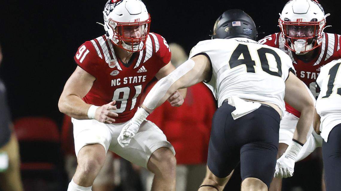 Joe Shimko (91) prepares to block during the Wolfpack’s game against Wake Forest at Carter-Finley Stadium in Raleigh, N.C., Saturday, Nov. 5, 2022.