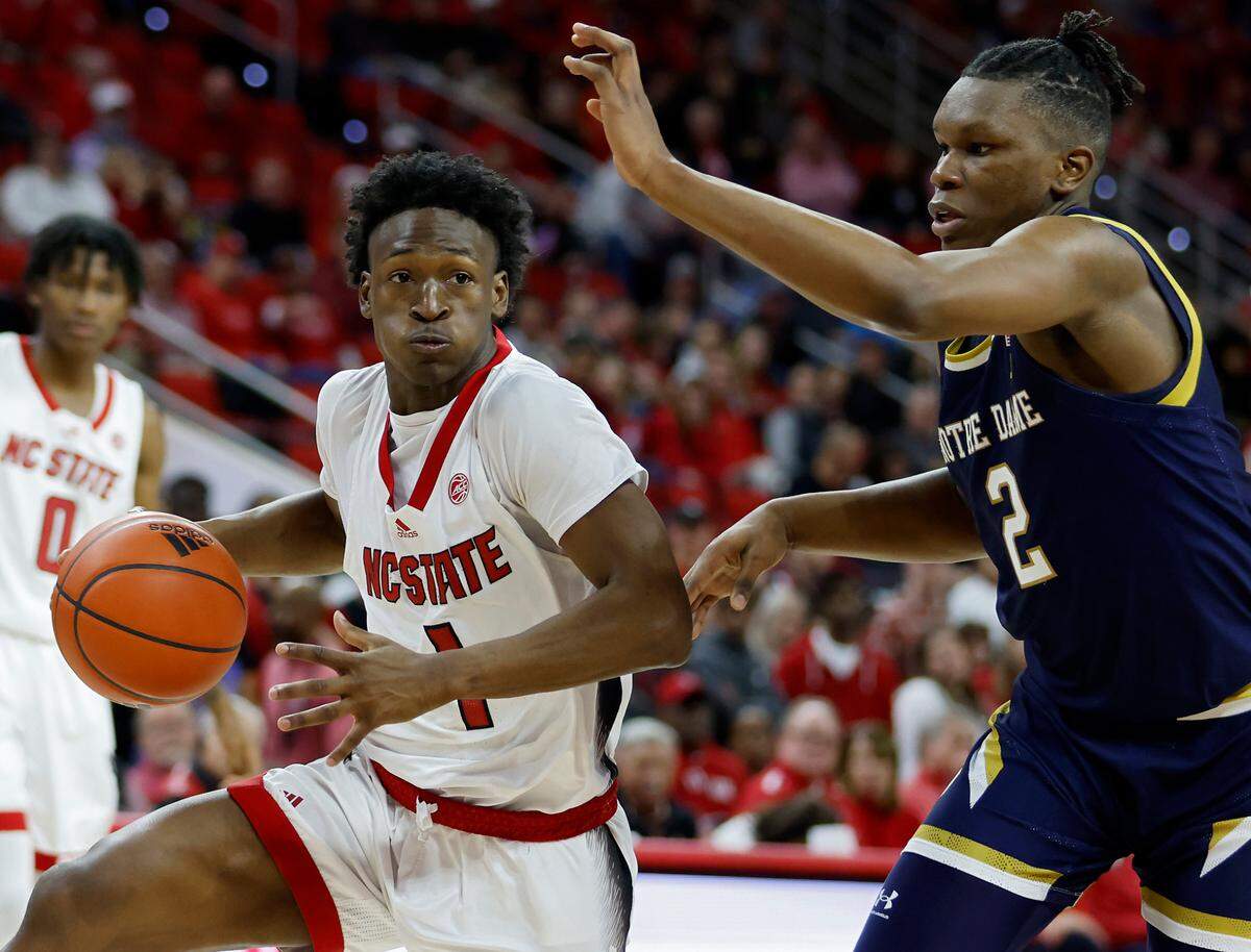 N.C. State’s Jarkel Joiner drives past Notre Dame’s Ven-Allen Lubin during a game at PNC Arena on Jan. 24, 2023, in Raleigh, North Carolina.