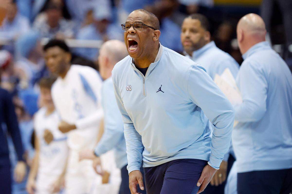 North Carolina head coach Hubert Davis yells to his team during the first half of UNC’s game against Duke at the Smith Center in Chapel Hill, N.C., Saturday, March 4, 2023.