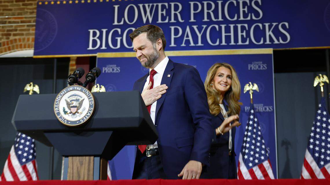Administrator of the U.S. Small Business Administration Kelly Loeffler (right) leaves the stage as U.S. Vice President JD Vance arrives to speak at The Power House on March 13, 2026 in Rocky Mount, North Carolina. Vance traveled to North Carolina to deliver remarks on the Trump administration's economic agenda. 