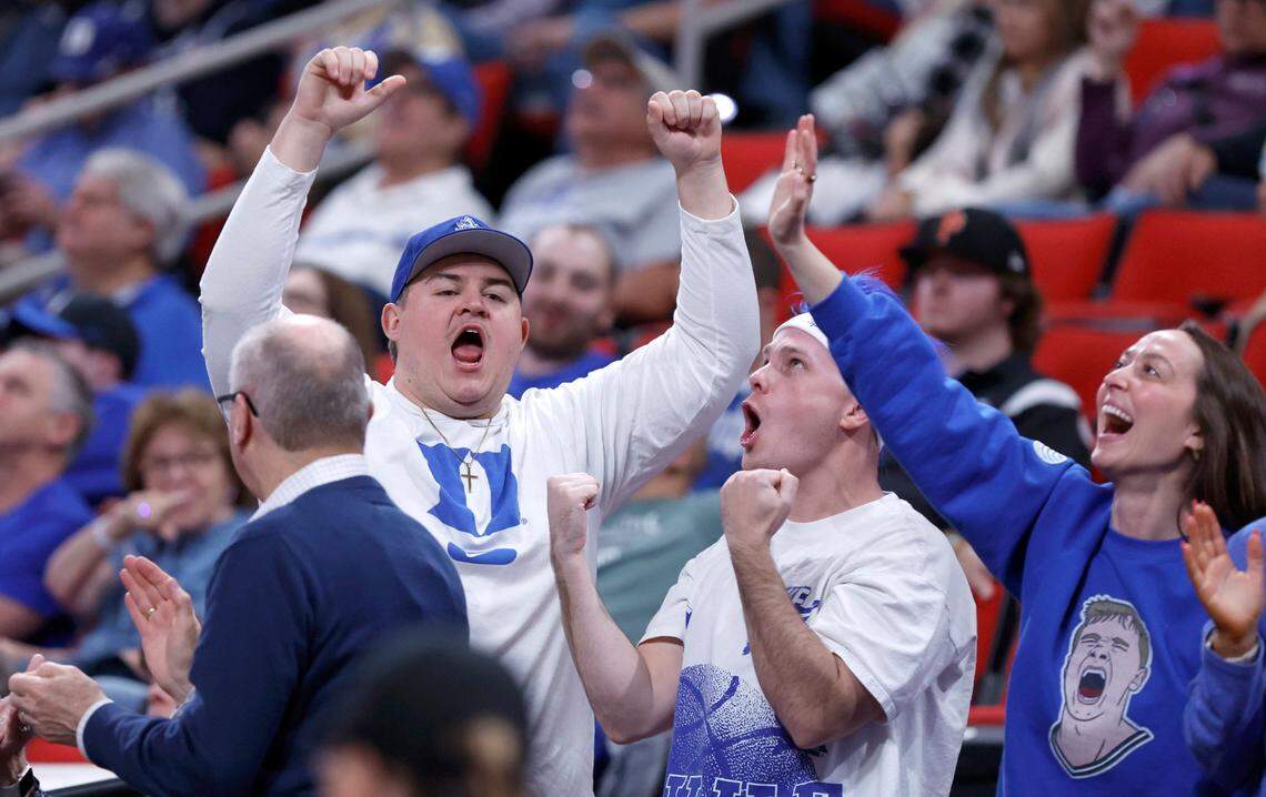 Duke fans cheer on the Blue Devils during the second half of Duke’s 93-49 victory over Mount St. Mary’s in the first round of the 2025 NCAA Men’s Basketball Tournament at the Lenovo Center in Raleigh, N.C., Friday, March 21, 2025.